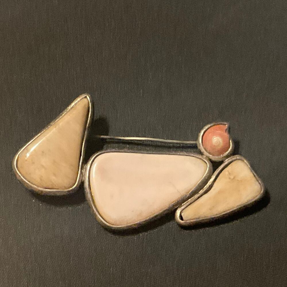 Vintage 925 Silver Jasper Agate Abstract Artisan Made Brooch